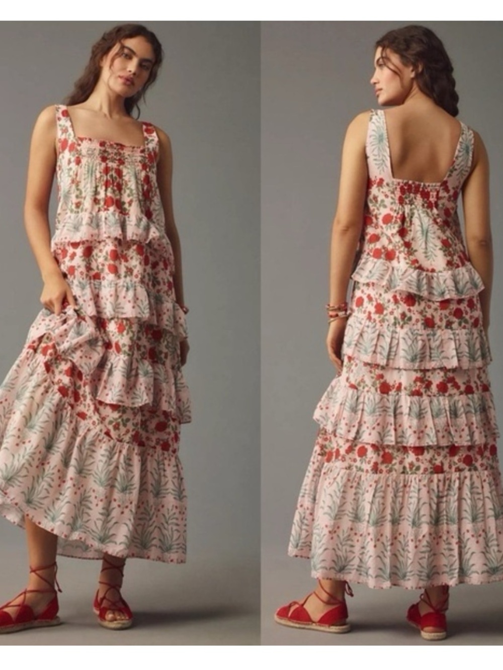 Anthropologie Floral Tiered Sleeveless Maxi Dress - Pink & Red - Size 1X
